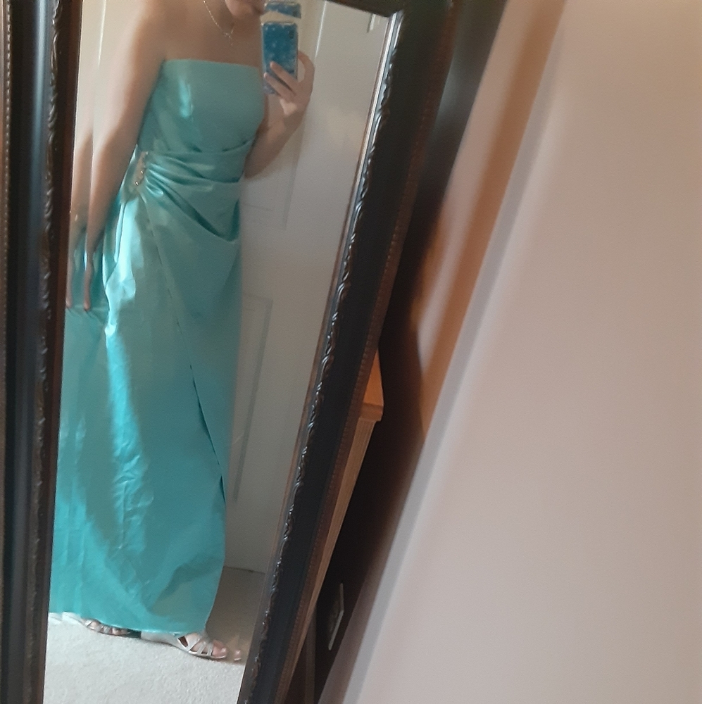 Strapless Blue Prom Dress With A Sided Jewel